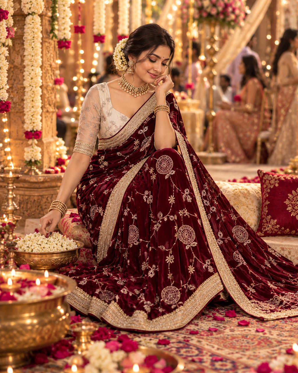 Satin Silk Party Wear Saree With Unstitched Blouse(Maroon)