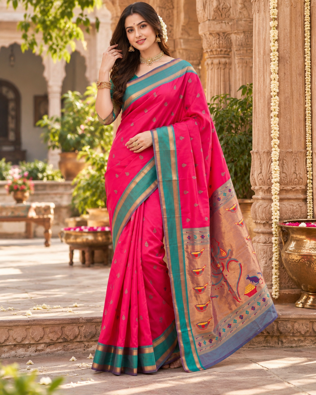 Krittika Premium Paithani Katan Silk Butti Saree With Zari Border Unstitched Blouse (Red)