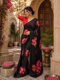 Satin Silk Printed Saree With Unstitched Blouse(Red)