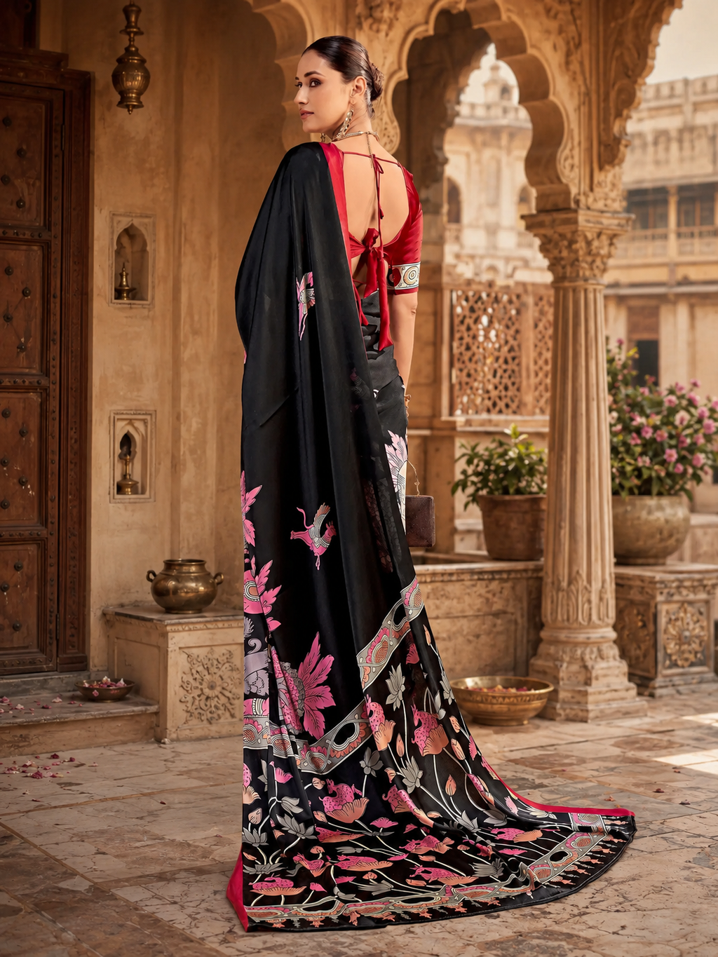 Satin Silk Kalamkari Print Saree With Unstitched Blouse(Red)