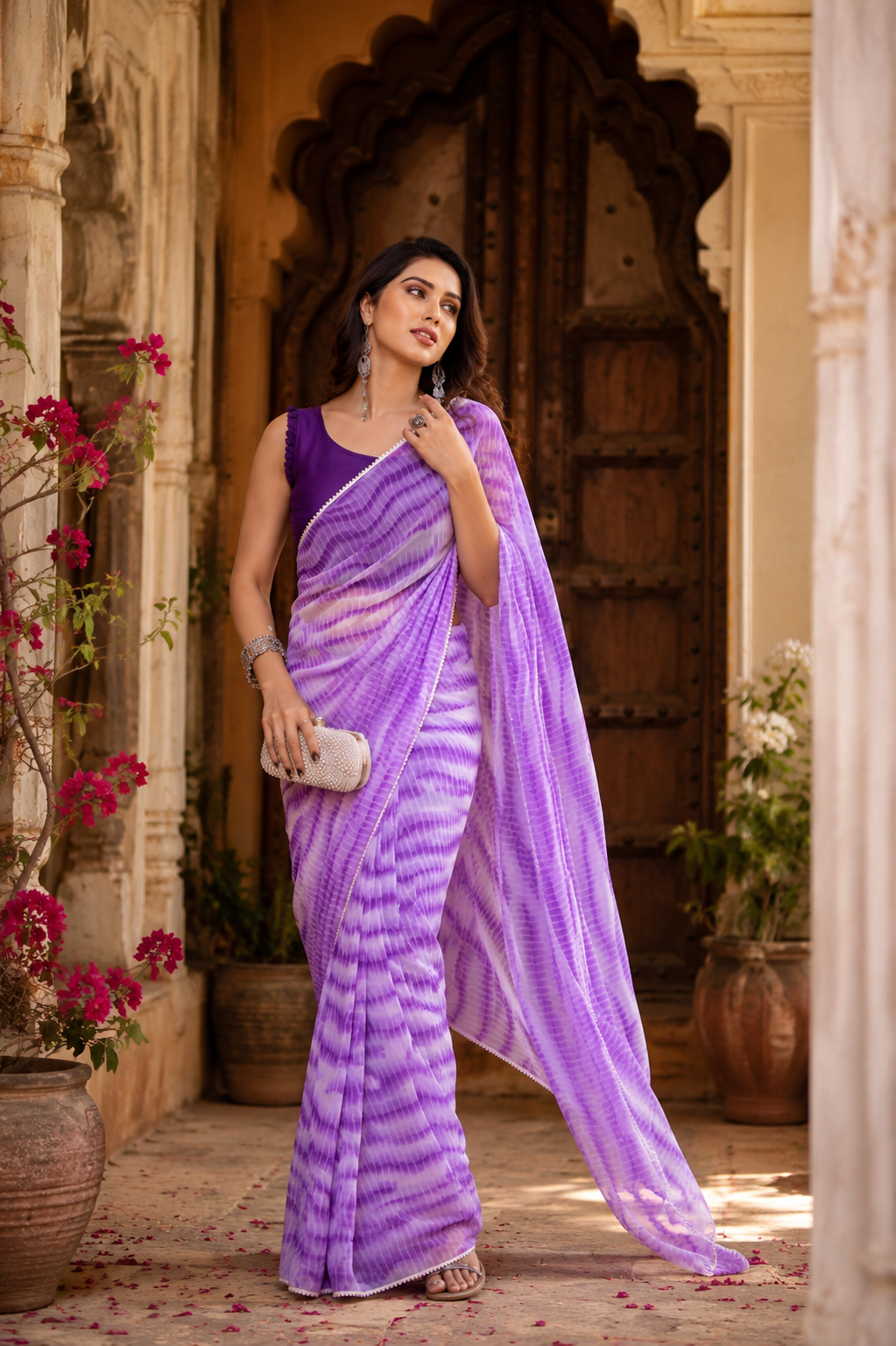 Georgette Printed Ready To Wear Sarees With Unstitched Blouse(Violet)