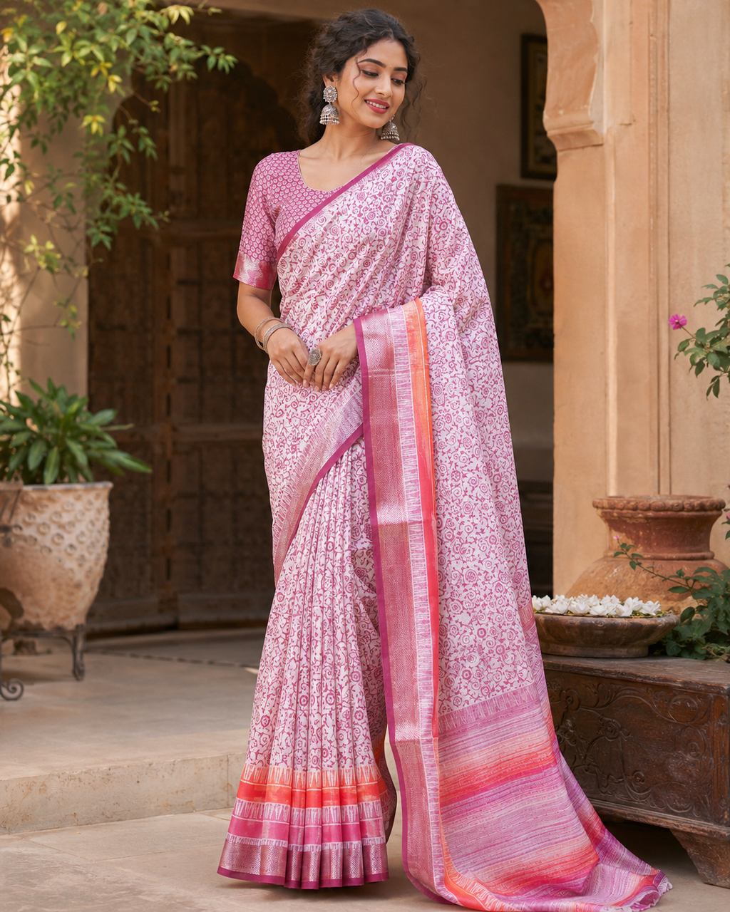 Tussar Silk Printed Saree With Unstitched Blouse(Light Pink)
