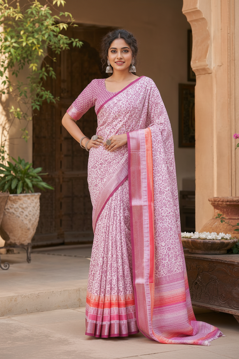 Tussar Silk Printed Saree With Unstitched Blouse(Light Pink)