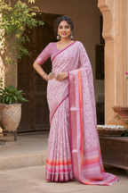 Tussar Silk Printed Saree With Unstitched Blouse(Light Pink)