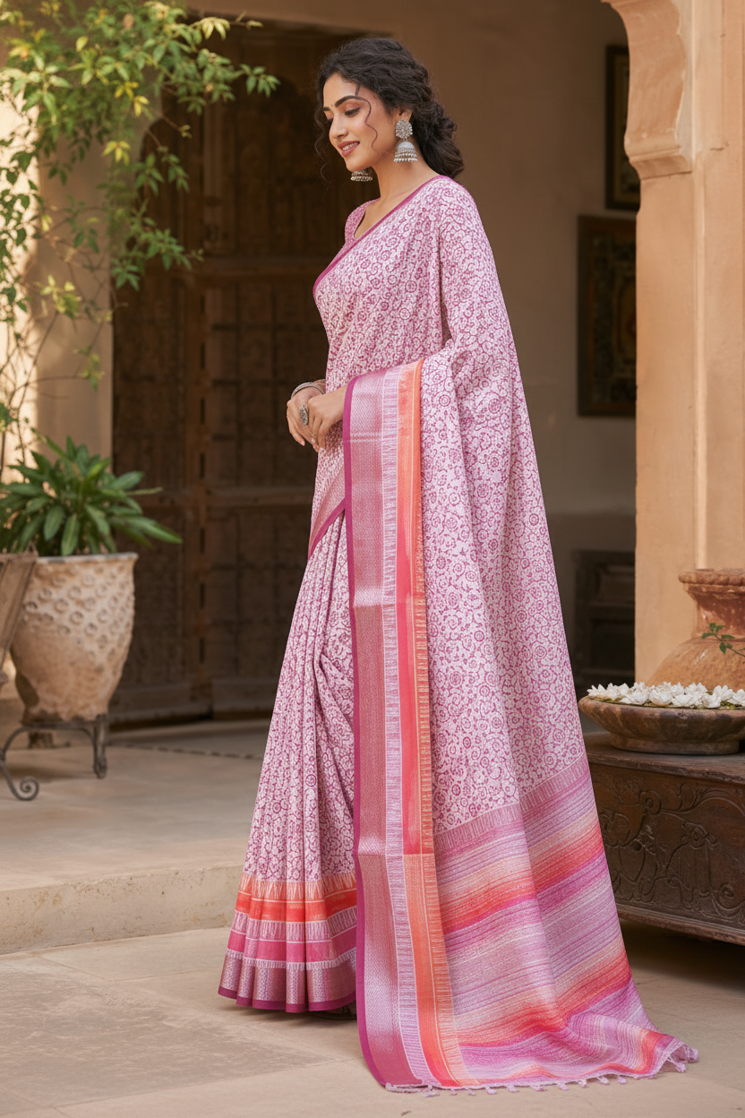 Tussar Silk Printed Saree With Unstitched Blouse(Light Pink)