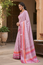 Tussar Silk Printed Saree With Unstitched Blouse(Light Pink)