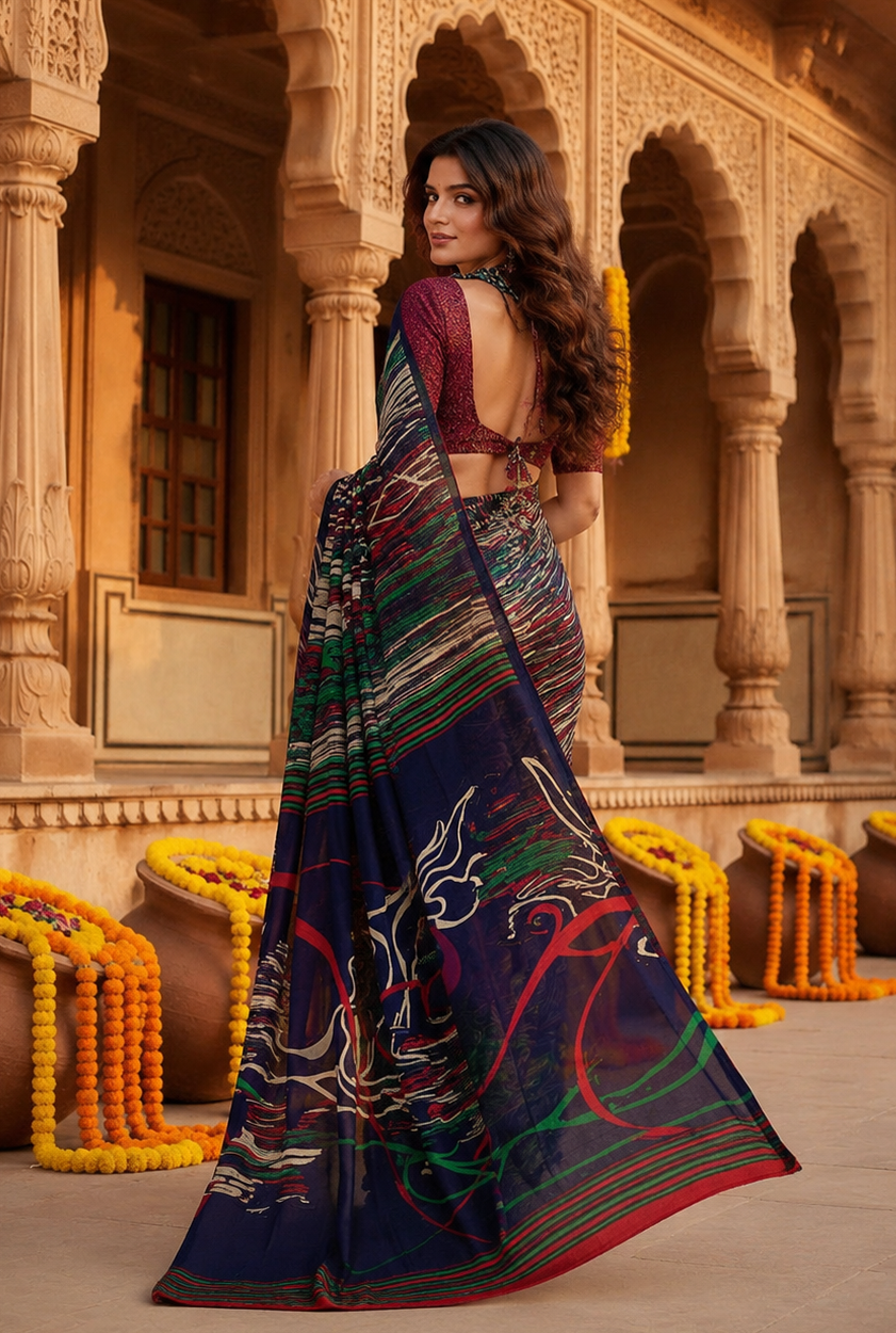 Crepe Silk Party Wear Saree With Unstitched Blouse(Black)