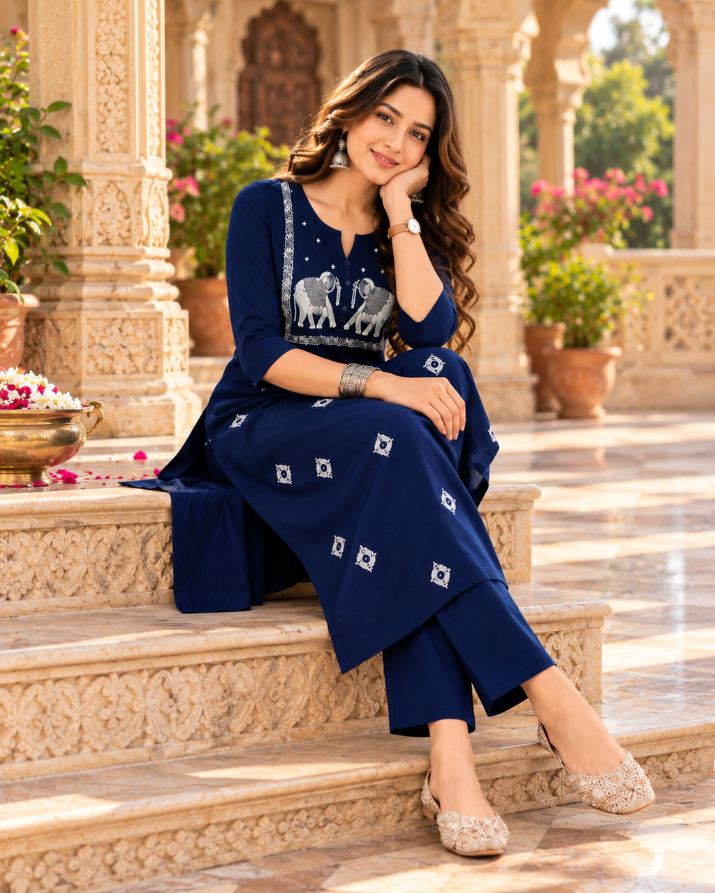 Cotton Kurti Pant Two Piece Set(Blue)