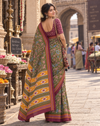 Mulmul Cotton Printed Saree With Unstitched Blouse(Green)
