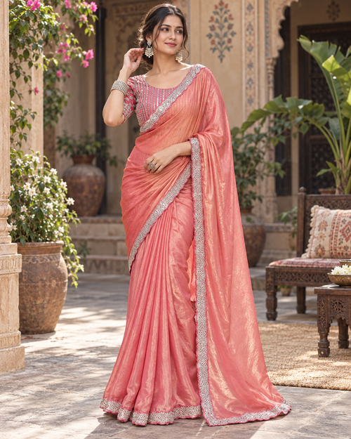Chiffon Designer Saree With Unstitched Blouse(Brink Pink)