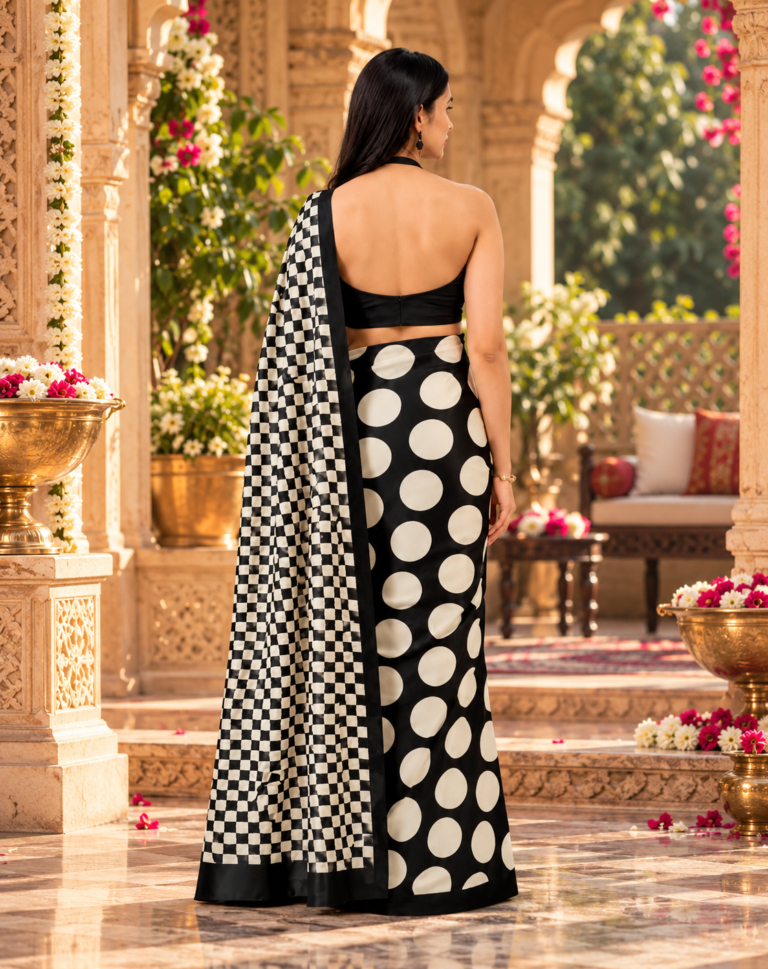 Original Gaji Silk Ajrakh Print Saree With Unstitched Blouse(Black)