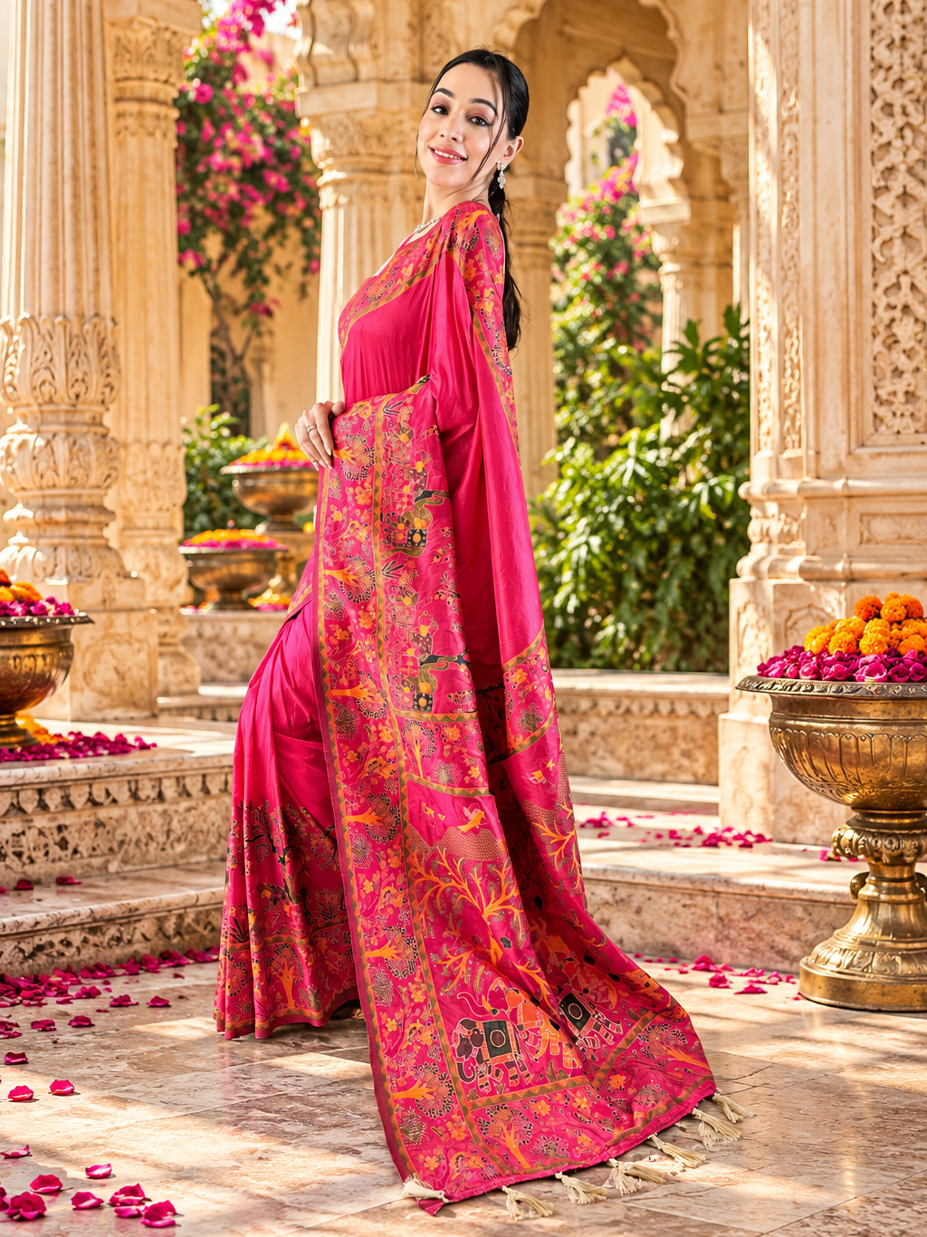 Premium Pashmina Kashmiri Meenakari Weaves Tassels Saree(Pink)