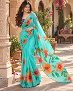 Georgette Digital Print Saree With Unstitched Blouse(SkyBlue)