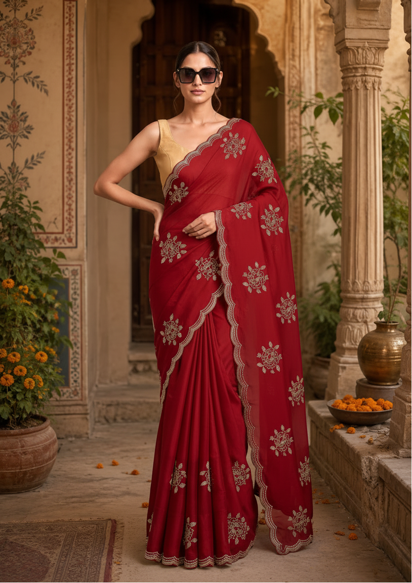 Soft Rangoli Silk Embroidery Work Saree With Unstitched Blouse(Red)