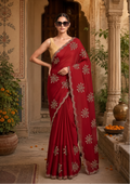Soft Rangoli Silk Embroidery Work Saree With Unstitched Blouse(Red)