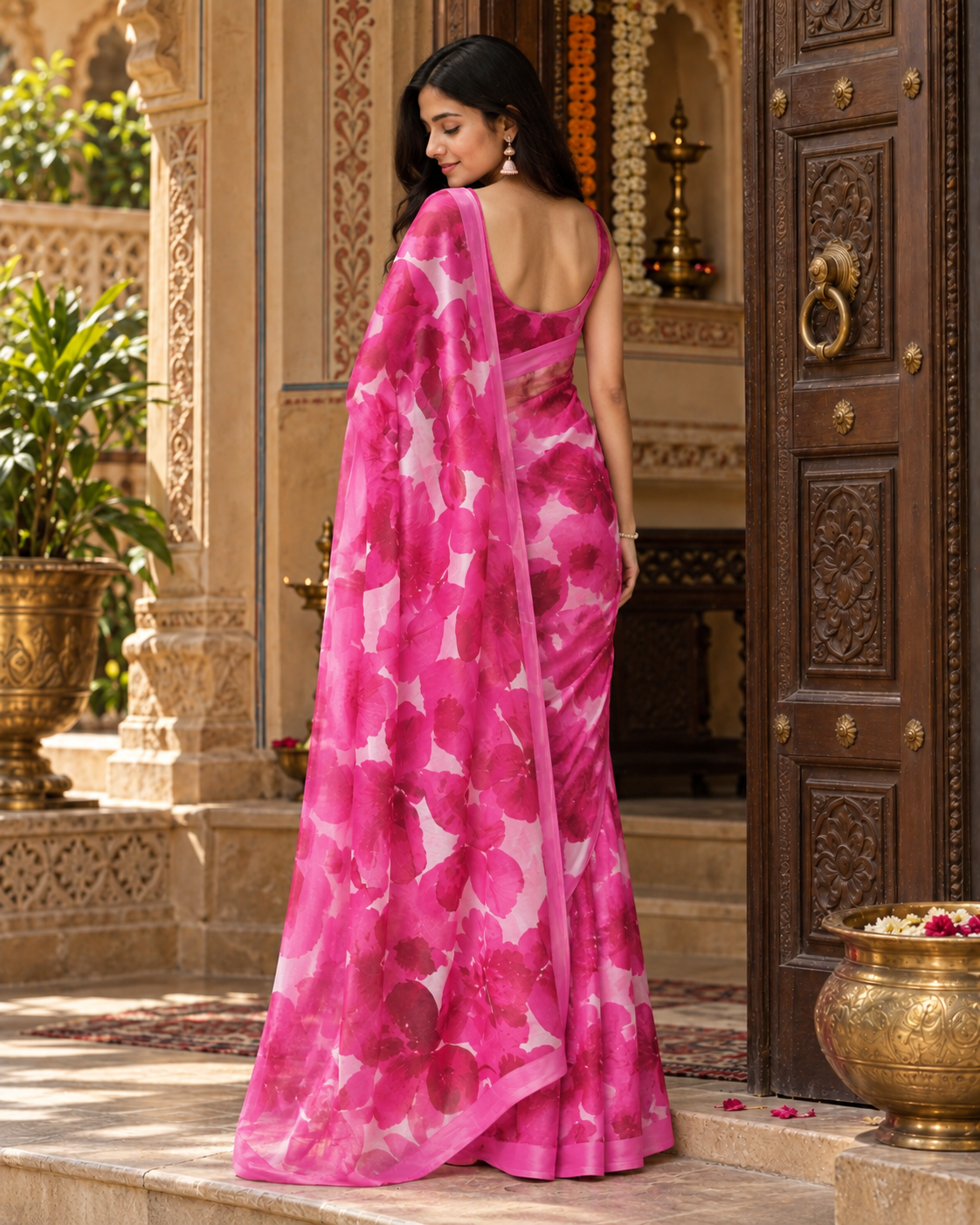 Georgette Floral Print Saree With Unstitched Blouse(Pink)