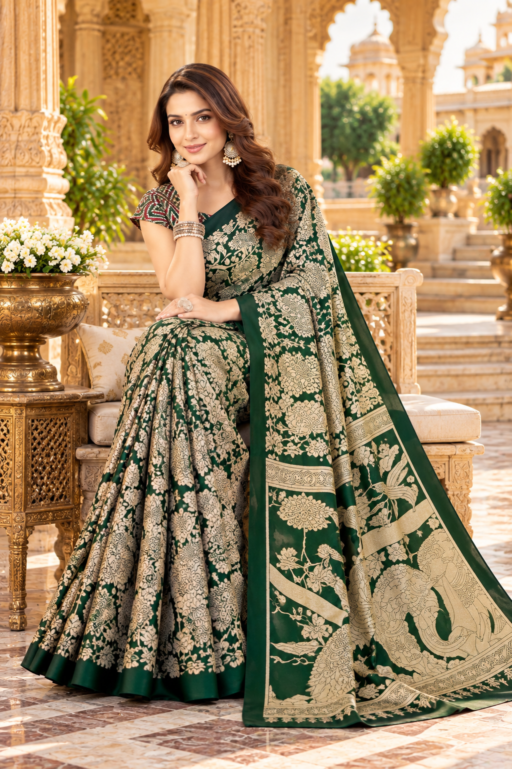Premium Tussar Silk kalamkari Print Saree With Unstitched Blouse(Green)