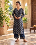 Pure Cotton Kurti Pant Two piece Set(Blue)