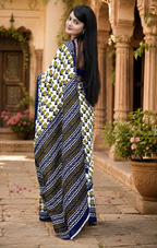Mulmul Cotton Bagru Block Printed Saree With Unstitched Blouse(Green)