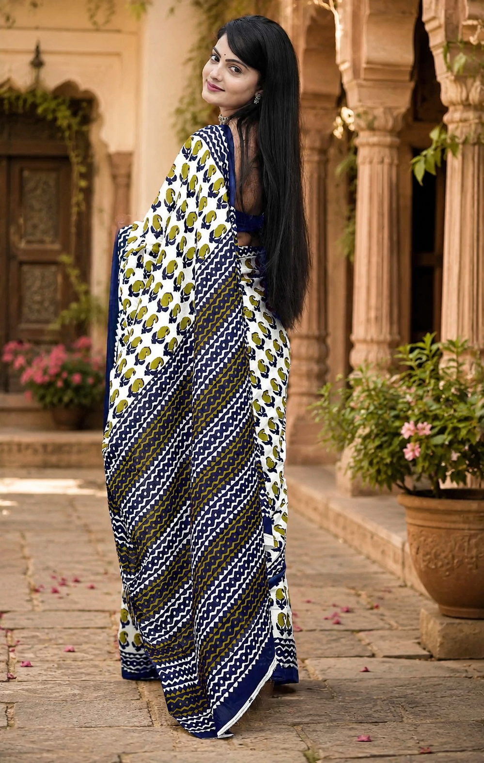 Mulmul Cotton Bagru Block Printed Saree With Unstitched Blouse(Green)