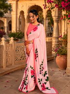 Satin Silk Printed Saree With Unstitched Blouse(Pink)