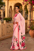 Satin Silk Printed Saree With Unstitched Blouse(Pink)