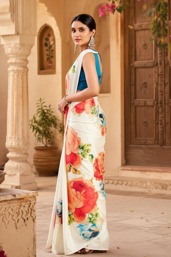 Satin Silk Floral Printed Saree with Unstitched Blouse(White)