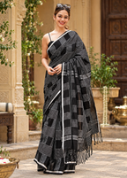 Premium Cotton Printed Saree With Unstitched Blouse(Black)