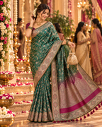 Premium Satin Silk Zari Weaving Border Saree With Unstitched Blouse(Green)