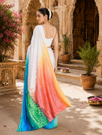 Original Japan Satin Printed Saree With unstitched Blouse(White)