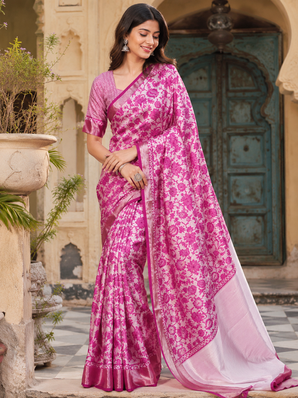 Tussar Silk Printed Saree With Unstitched Blouse(Pink)