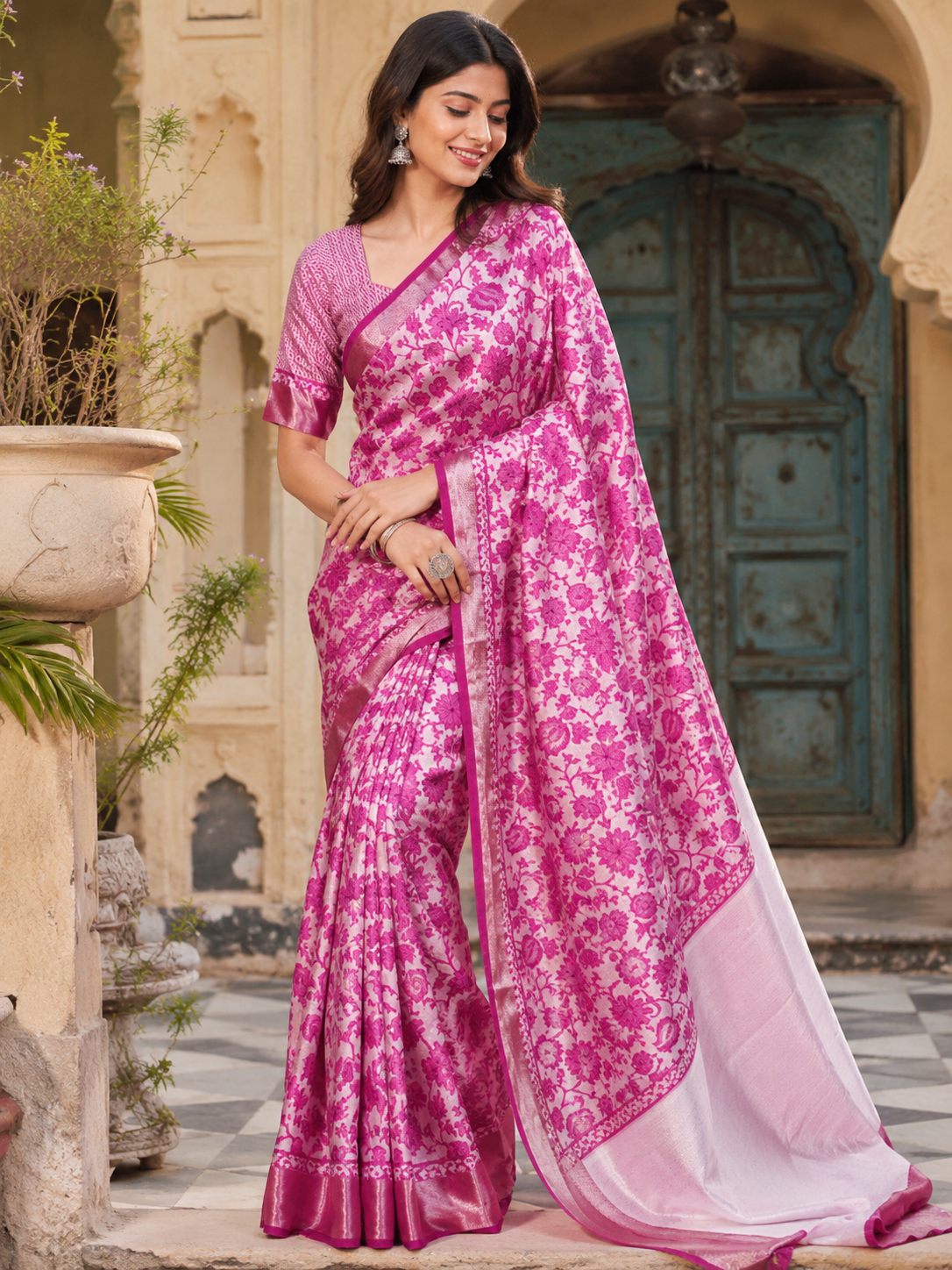 Tussar Silk Printed Saree With Unstitched Blouse(Pink)