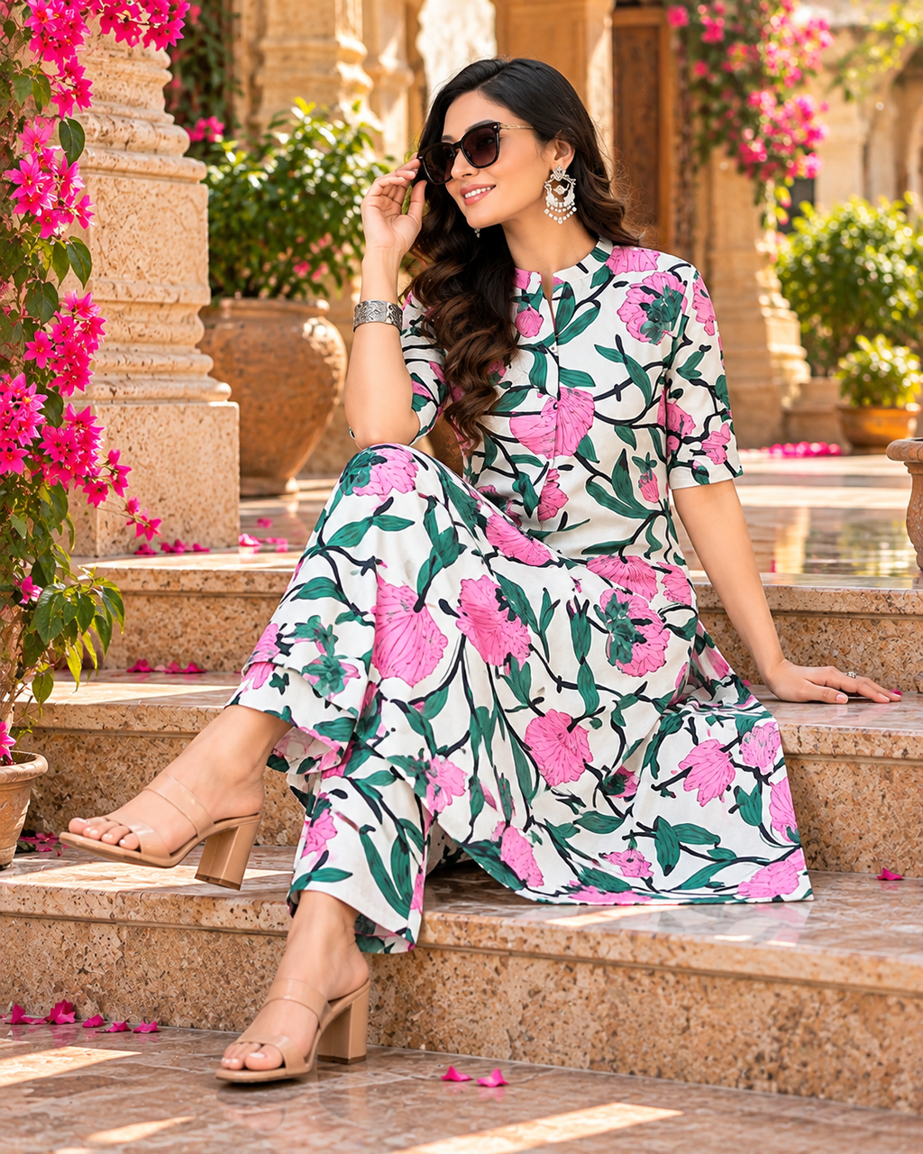 Rayon Kurti Pant Two Piece Set(Pink)