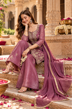 Tissue Silk Kurti Palazzo With Dupatta Set(Purple)
