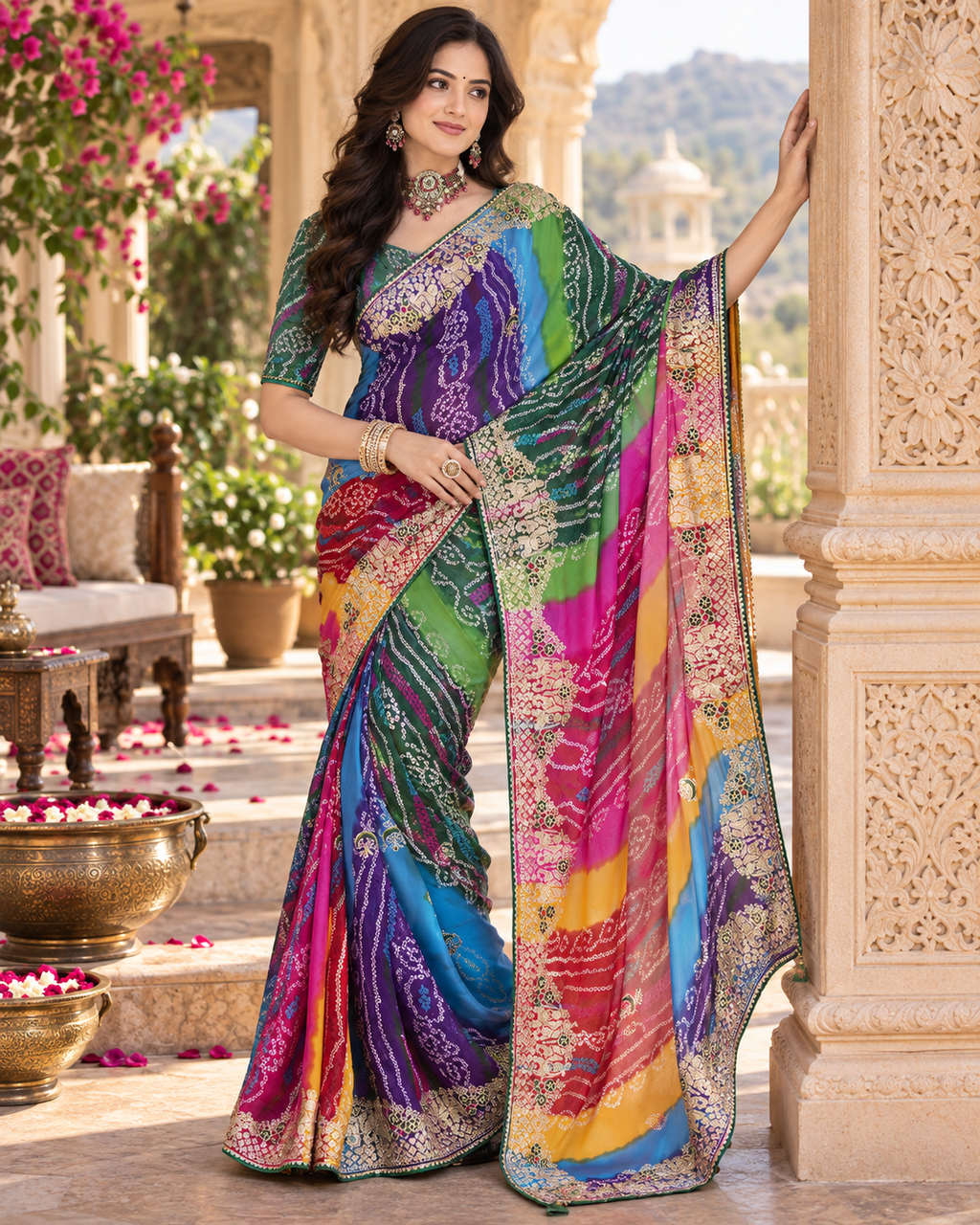 Pure Bandhani Bhej Print Gotta Patti Work Silk Saree With Unstitched Blouse(Morpich)