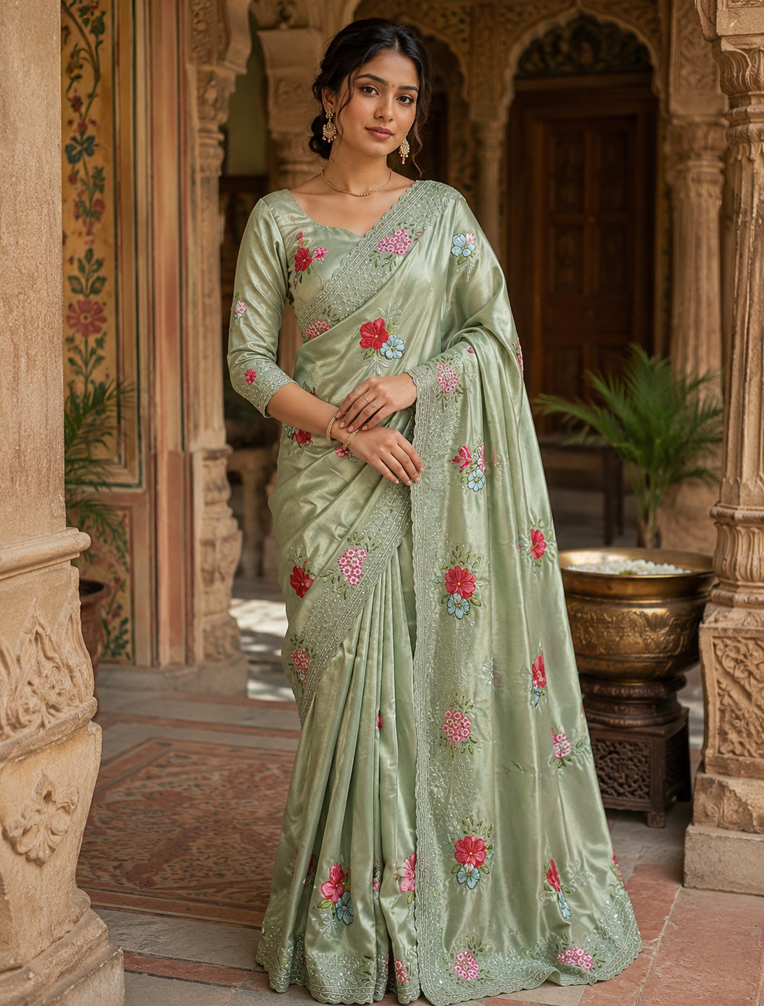 Georgette Multi Embroidery Work Saree With Unstitched Blouse(Teal)