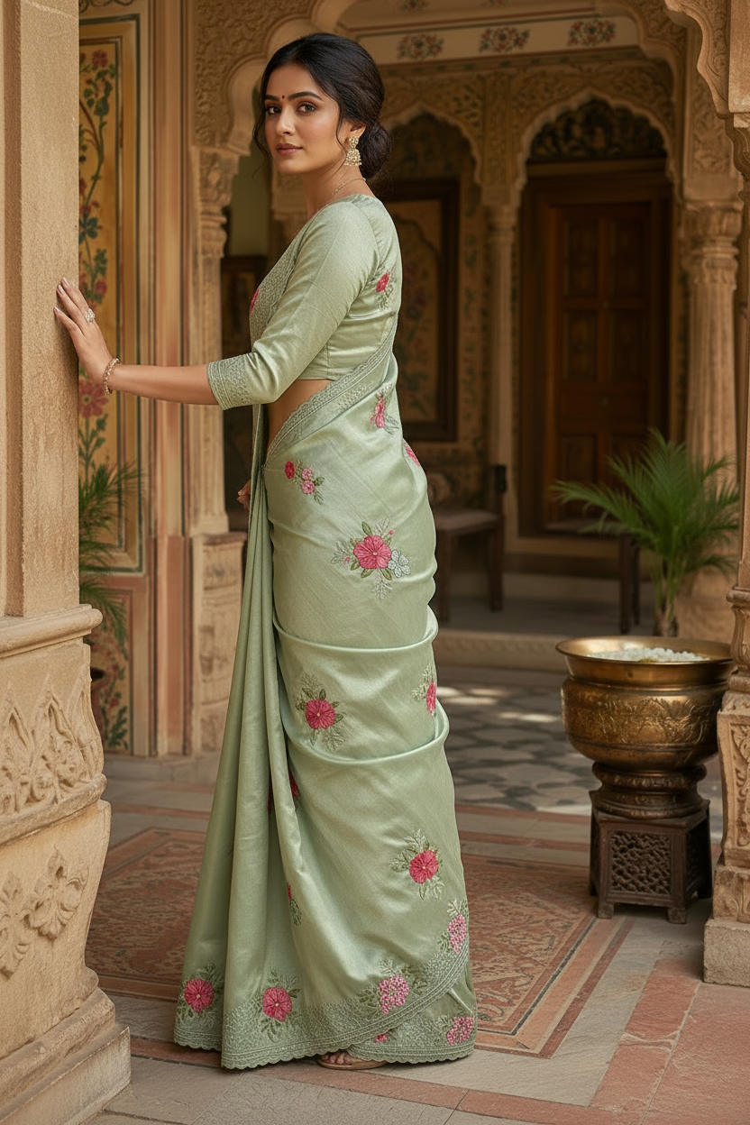 Georgette Multi Embroidery Work Saree With Unstitched Blouse(Teal)