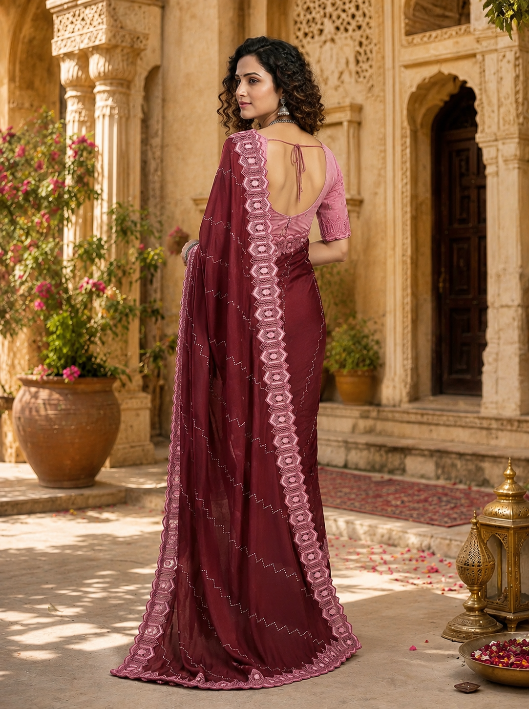Organza Silk Saree With Unstitched Blouse(Maroon)