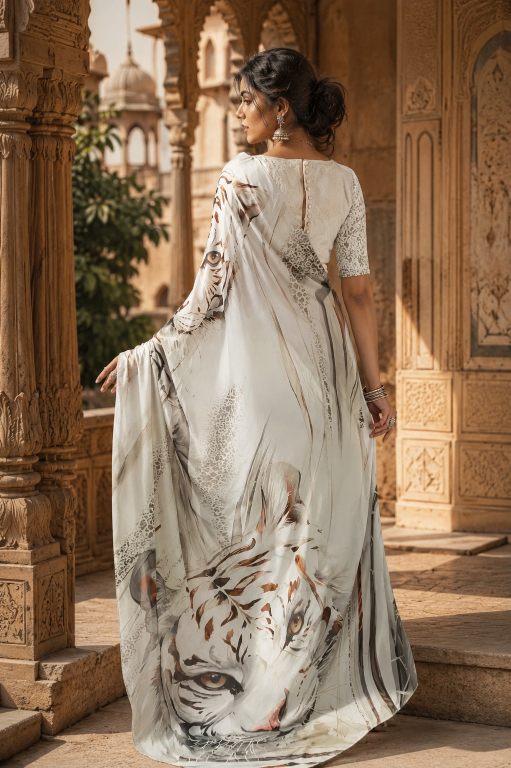 Satin Silk Digital Print Saree With Unstitched Blouse(White)
