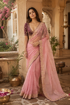 Satin Silk Embroidery Work Saree with Unstitched Blouse(Pink)