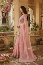 Satin Silk Embroidery Work Saree with Unstitched Blouse(Pink)