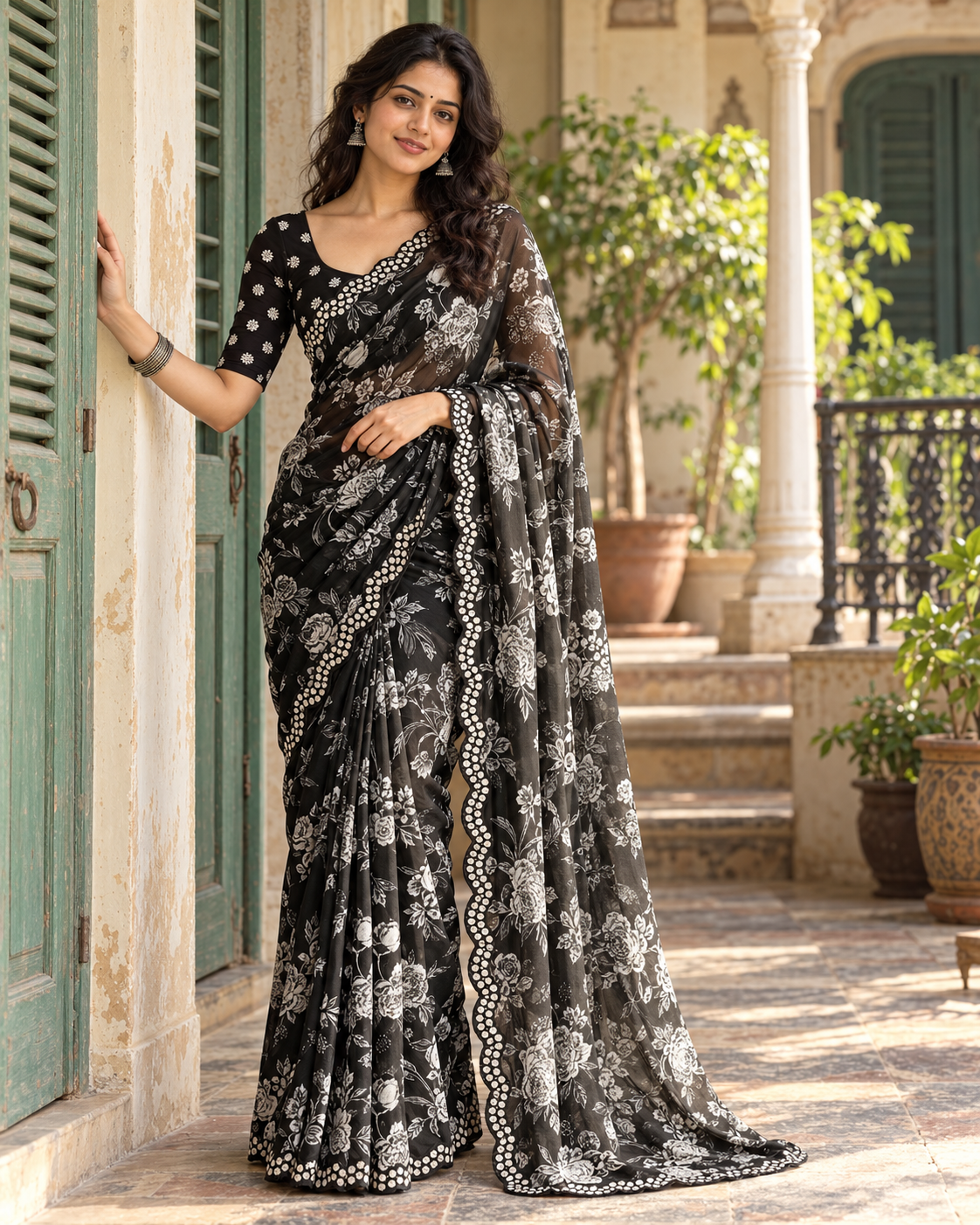 Premium Georgette Floral Digital Print Saree With Unstitched Blouse(Black)