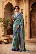 Premium Satin Silk Printed Saree with Unstitched Blouse(Green)