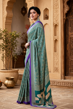 Premium Satin Silk Printed Saree with Unstitched Blouse(Green)