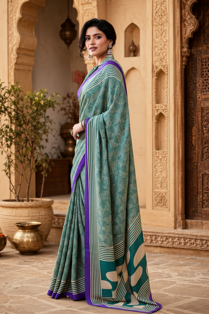 Premium Satin Silk Printed Saree with Unstitched Blouse(Green)