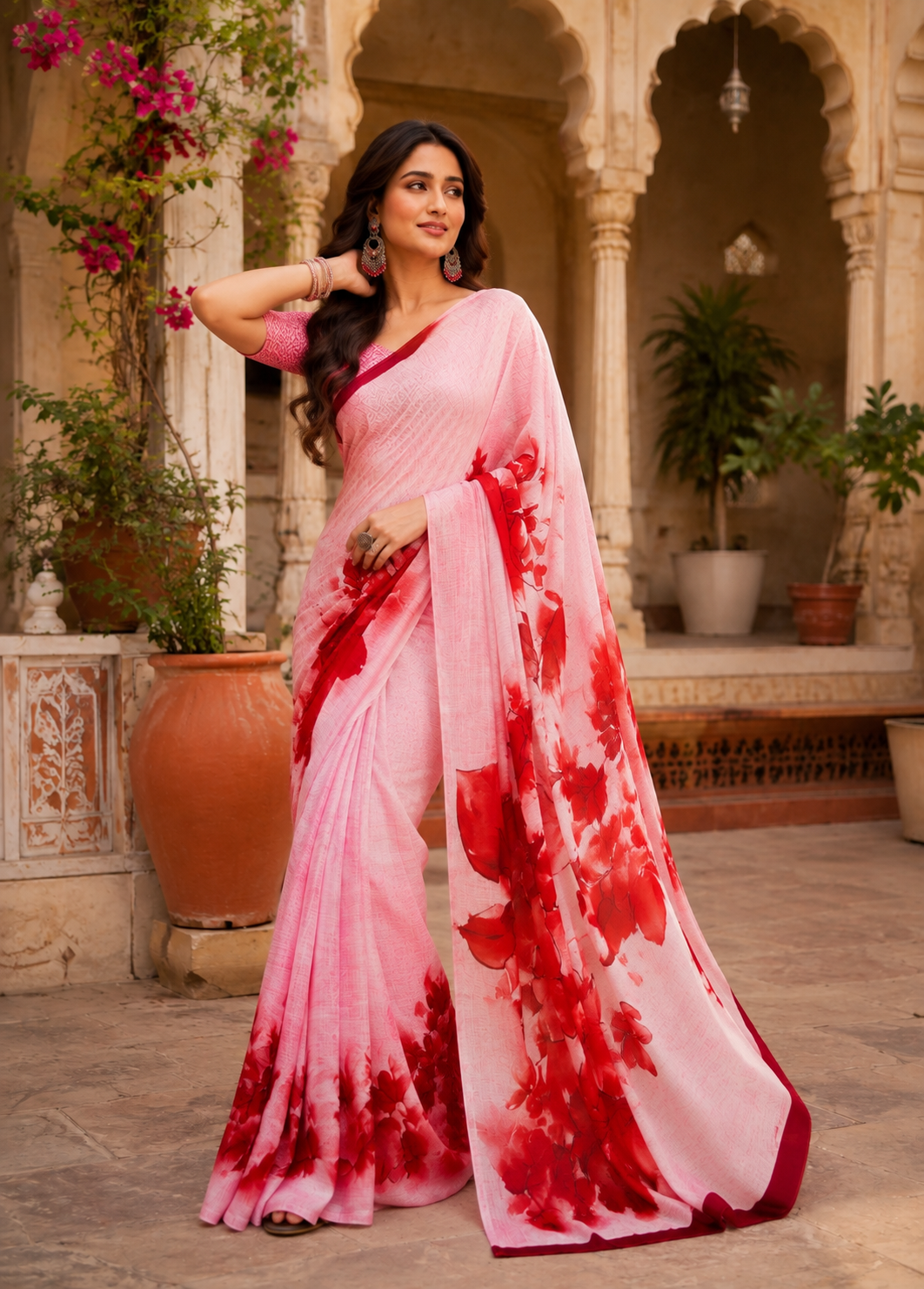 Crepe Silk Digital Print Saree With Unstitched Blouse(Pink)