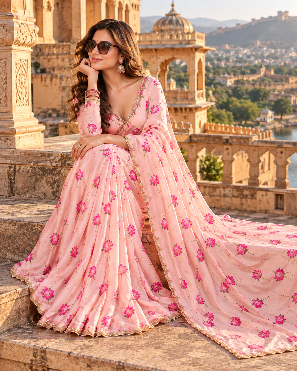 Premium Satin Silk Printed Saree With Unstitched Blouse(Peach)