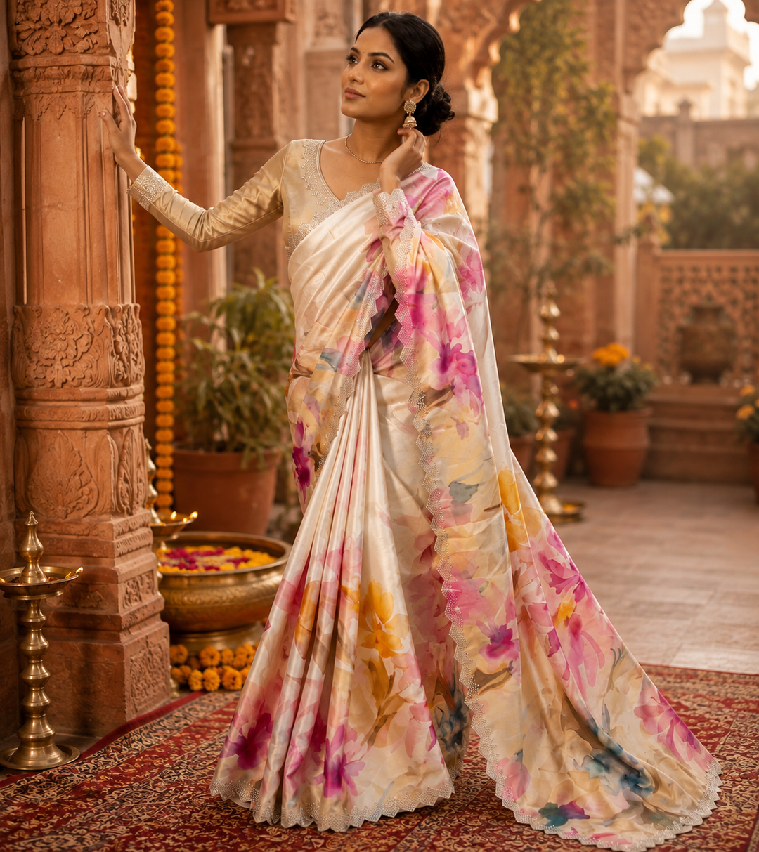 Pure Maheshwari Silk Diamond Cut Work Saree With Unstitched Blouse(White)