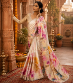 Pure Maheshwari Silk Diamond Cut Work Saree With Unstitched Blouse(White)