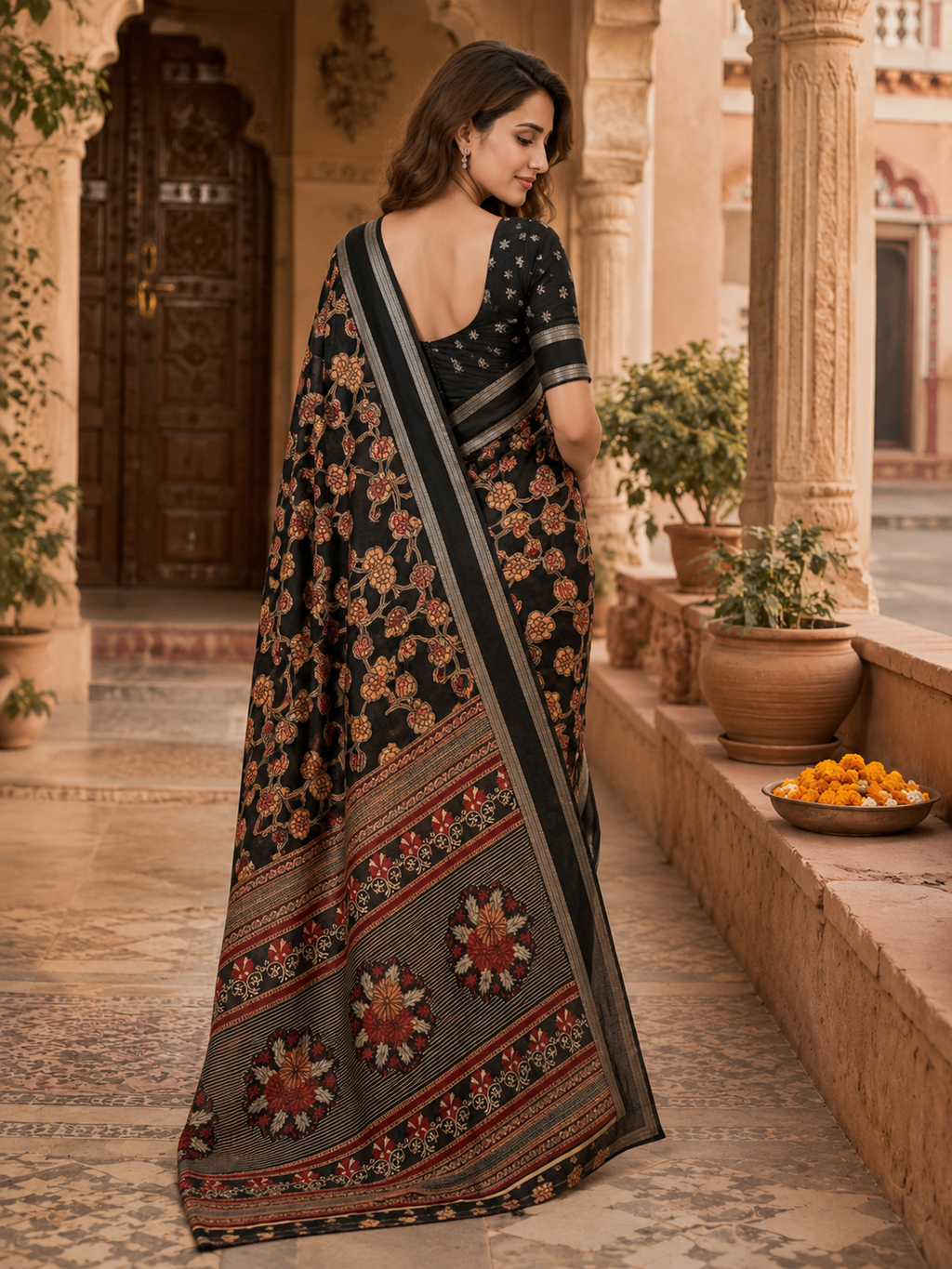 Georgette Designer Saree With Unstitched Blouse(Black)